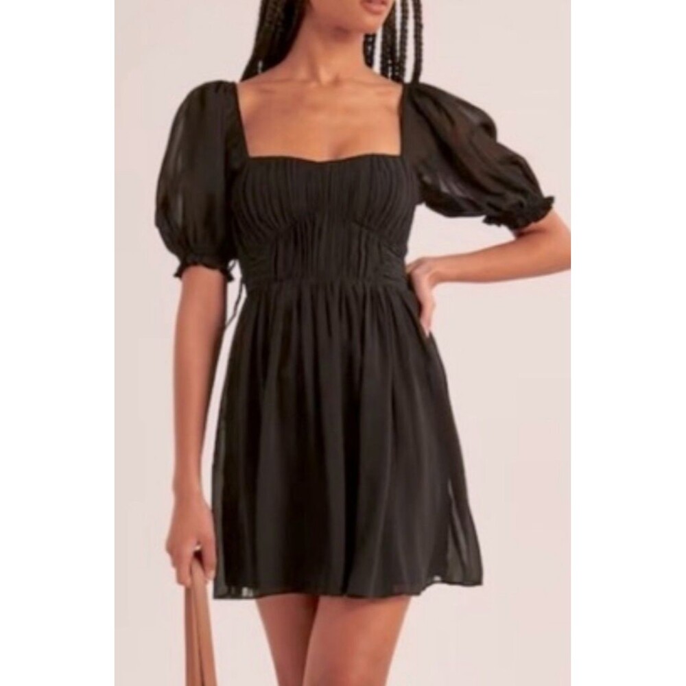 ABERCROMBIE & FITCH Wmn's Black Chiffon Ruched Puff Sleeve Dress XS